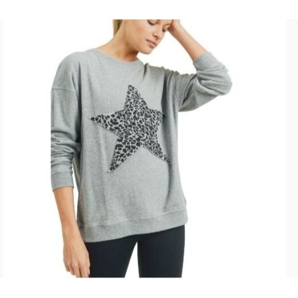 Mono B Sweatshirt Womens 1XL Gray Antiqued Star Cheetah Print Comfy Loungewear - Picture 4 of 8